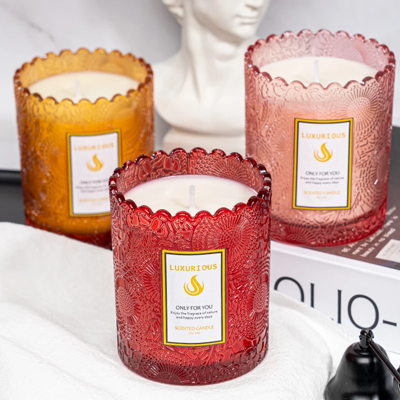 40h Burning Time Lace Edged Glass Jar Scented Candles Smokeless Soy Wax Natural Ingredients Unique Fragrances for Ambiance