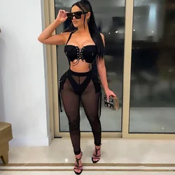 sexy cargo fishnet pants and crop 2 pieces set wholesale mesh two piece set women black mesh set summer 2022