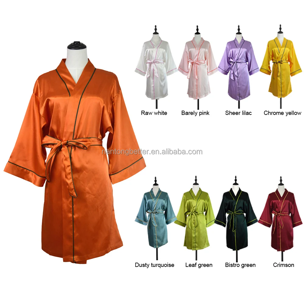OEM High Quality with Piping and Pockets Smooth and Soft for Wedding Party Spa Salon Women Silk Satin Kimono Robes