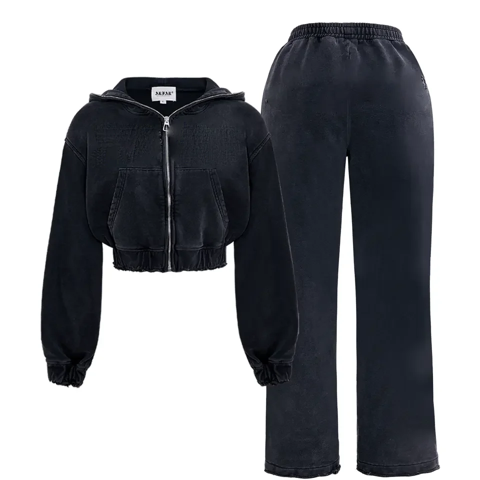 Womens 2 Piece Pants Set Cropped Jackets Heavyweight Cotton Full Zip Up Hoodies Acid Wash Tops Customized Logo Female