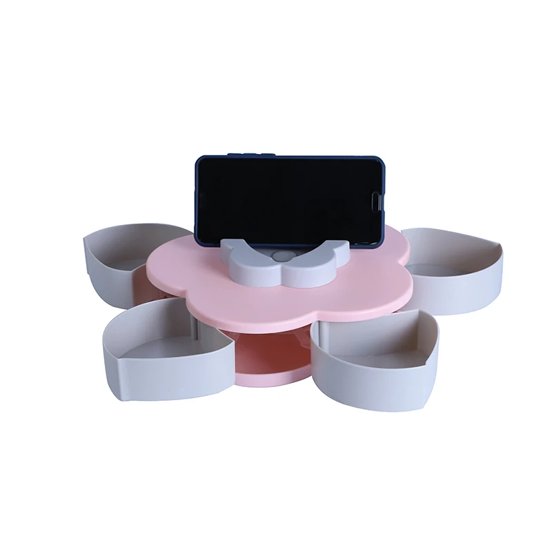Small Size Single Layer Hot Sale Plastic Rotating Candy Storage Box Nuts Snack Tray Flower Shape Candy Box