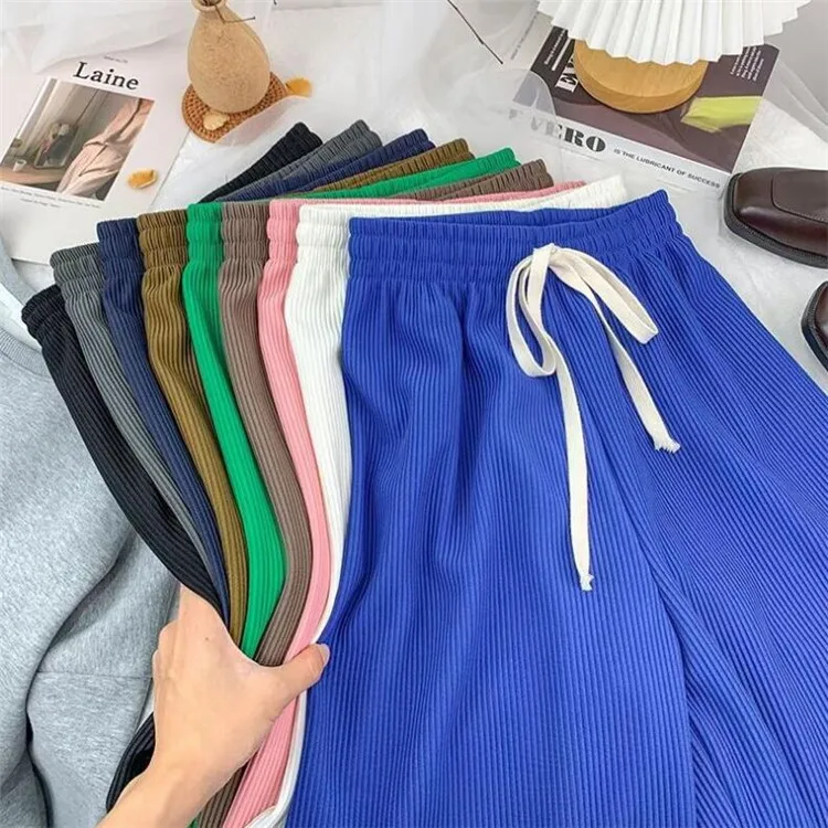 Casual solid color Women Wide Leg Pants Elastic drawstring High Waist Loose Long Pants Pleated Pant Trousers