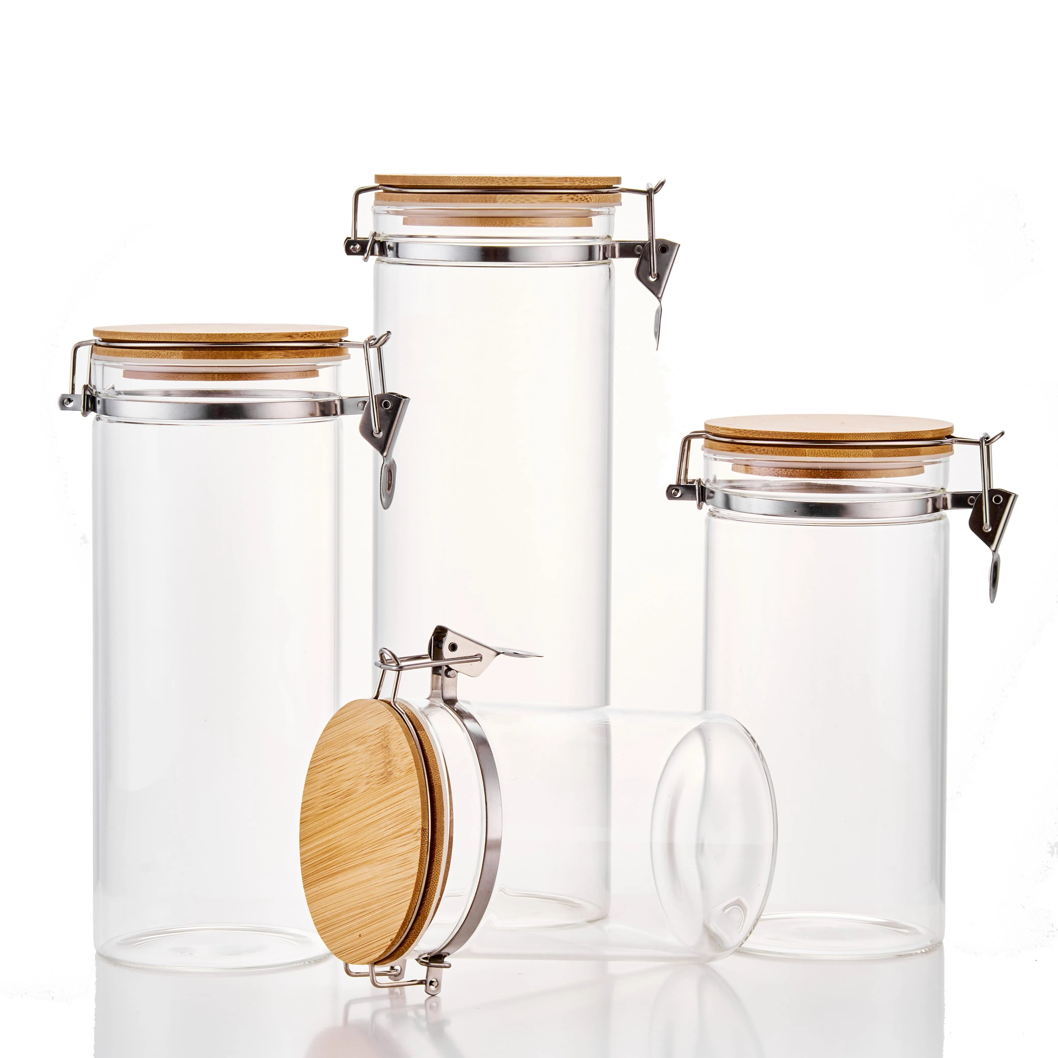 Glass jars with Bamboo Lids and Stainless Steel Clamp Lock high-borosilicate glass Customized Logo and Volume Accept