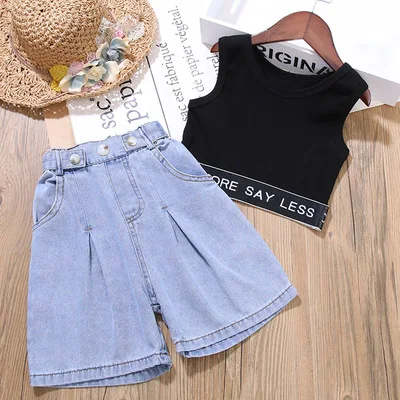 2020 summer girl suit female baby cool handsome jazz letter ribbon vest wide-leg jeans two-piece suit