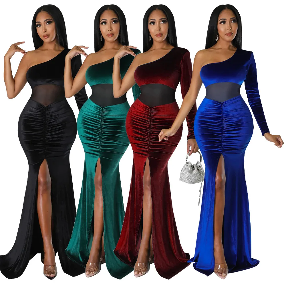 Mesh Patchwork Evening Velvet Dress One Shoulder Ruched Mermaid Dress High Slit Party Dress