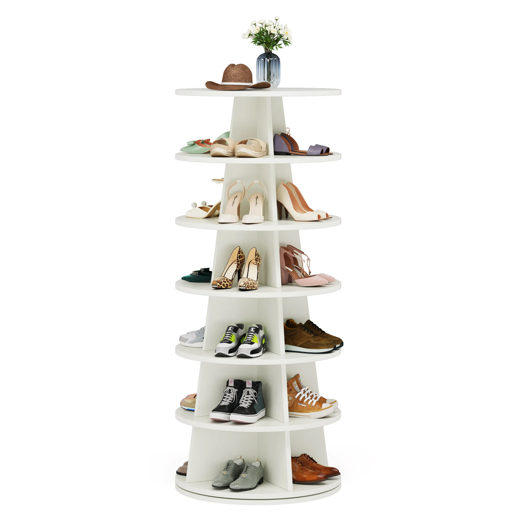 Tribesigns White Modern 7-Tier 24 Pairs Storage Shelf 360 Rotating Revolving Shoe Display Racks cabinet Zapatero giratorio