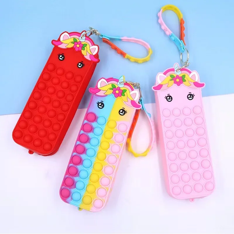 Силиконовый пенал для детей и студентов, чехол для карандашей и ручек, силиконовый пенал с пузырьками и единорогом