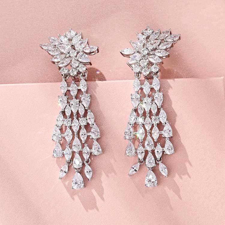 Shining 925 silver jewelry  flower drop earrings luxury full cubic zirconia party dangle earrings