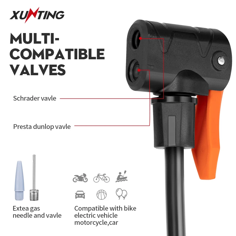 Xunting Customized Aluminum Alloy Floor Air Cycling Pump Hand Air Tire Bicycle Pump Air Bike Pump With Pressure Gauge