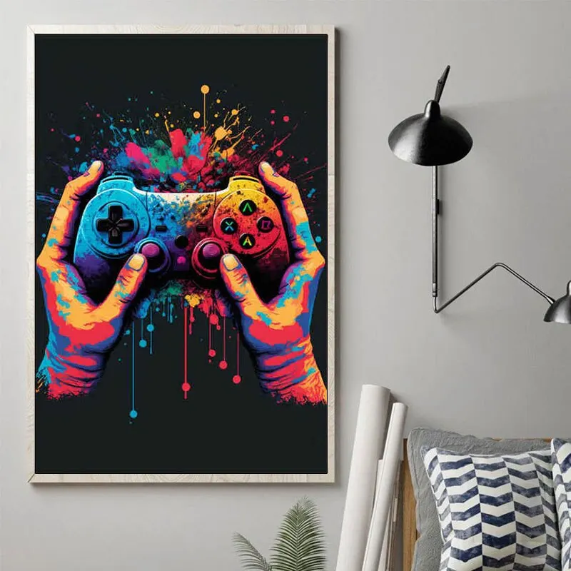 80s Colorful Punk Neon Gamer Controller Cool Gaming Poster For Wall Art Esports Game Room Decor Canvas Painting Home Living Room