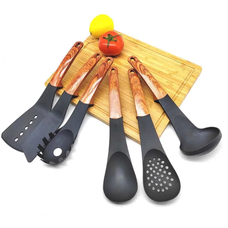hot sale 7pcs completely set nylon kitchen accessories cooking utensils gadgets with wood grain coating handle