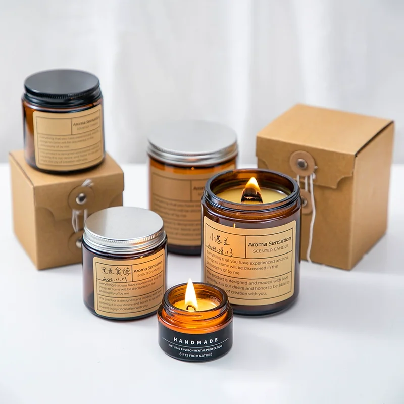 Wholesale 4oz  Amber Glass Candle Jars Scented Candle Making Glass Jar Round Candle Containers With Lid