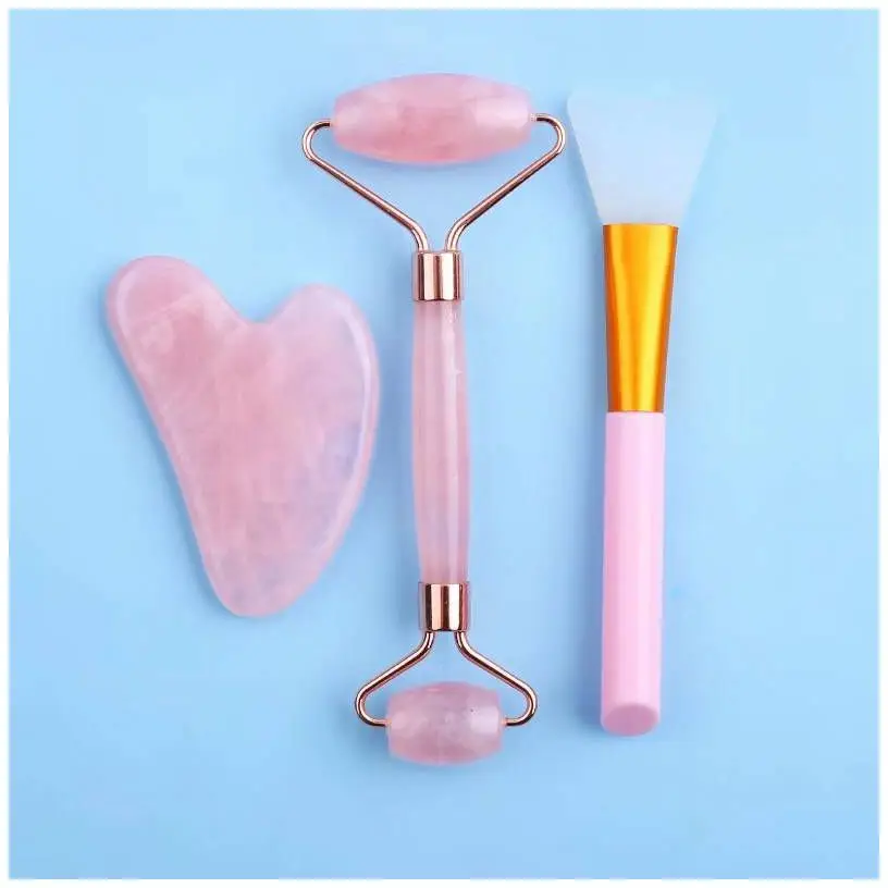 Good quality pink face massage slab jade roller gua sha set rose quartz heart facial roller jade jade roller