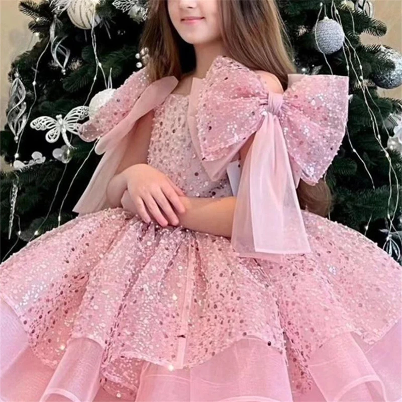 Children Party Dress Big Bow Shoulder Princess Sweet Sequin Puffy Prom Gown Baby Girls Piano Perform Formal Evening Dresses