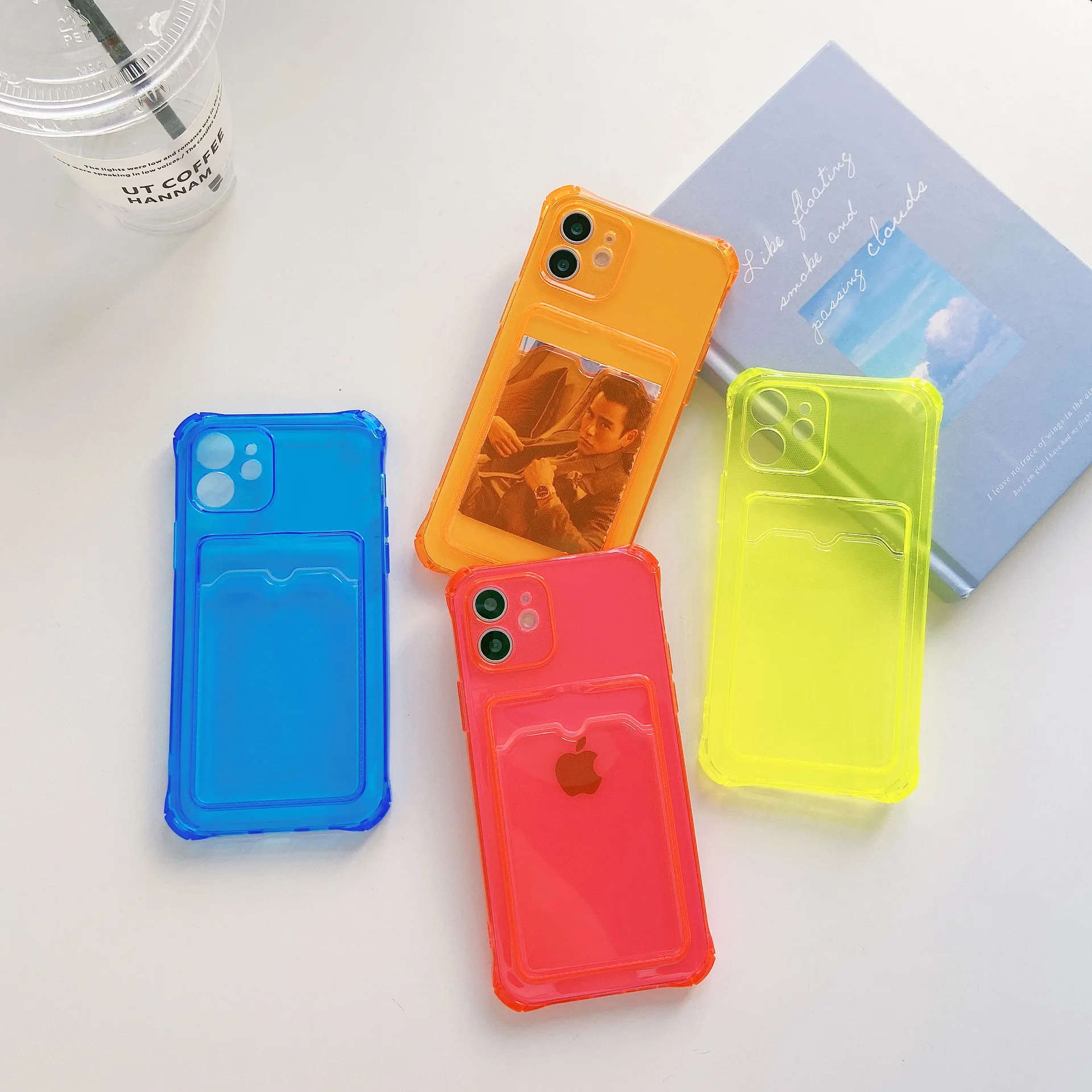 For iPhone Card Slot Case,Neon Color TPU Card Holder Phone Case For iPhone 14 13 12 11 Pro Max X XS XR 7 8 Plus