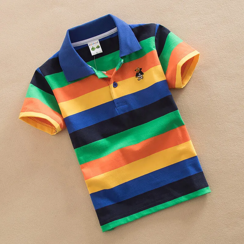 
Wholesale Cheap Cartoon Pattern Ribbed Collar Cuff Short Sleeve Cotton Panelled Blue White Striped Rugby Kids Polo T Shirt 
