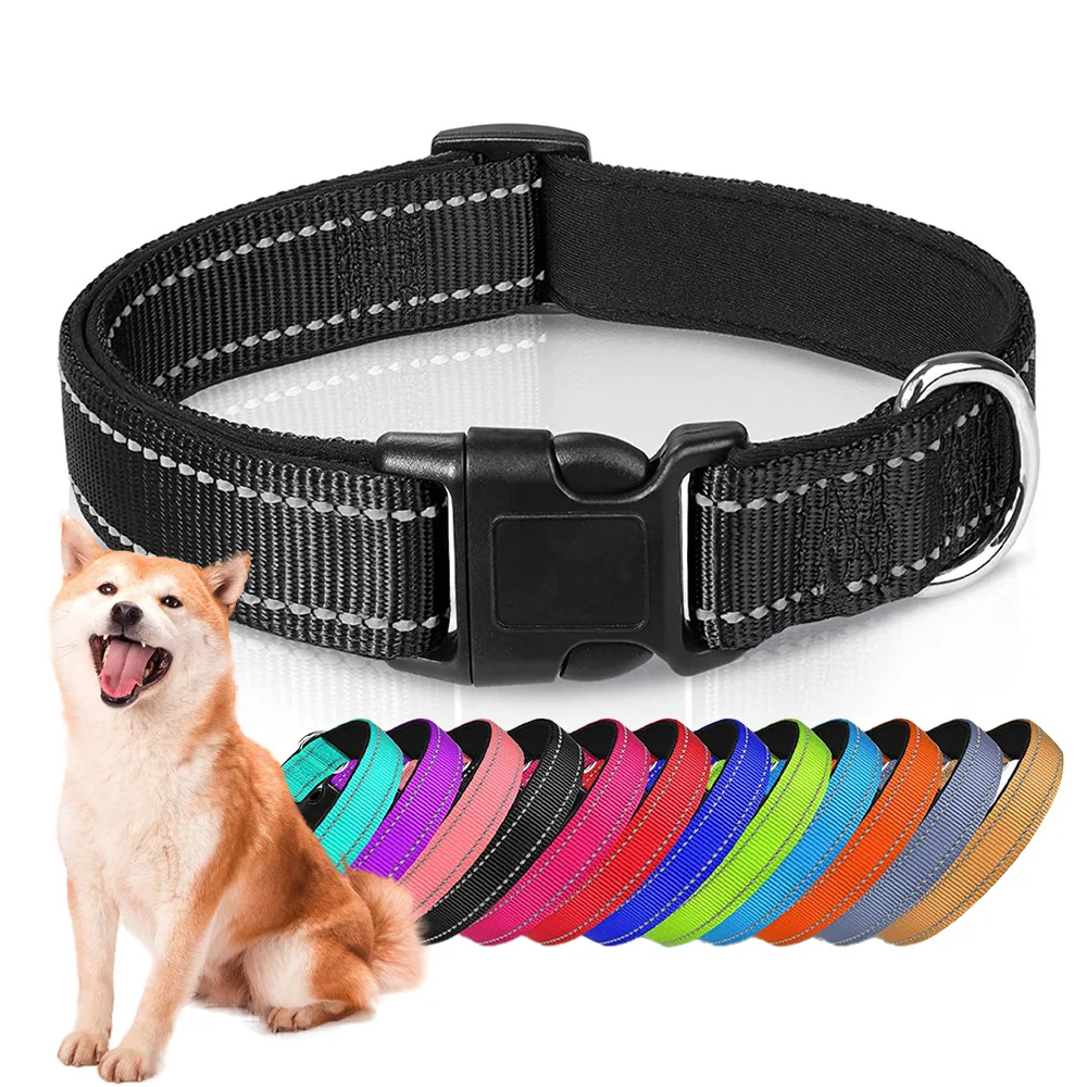 Reflective dog collar with soft neoprene lining breathable and soft neoprene lining reflective and adjustable dog collar