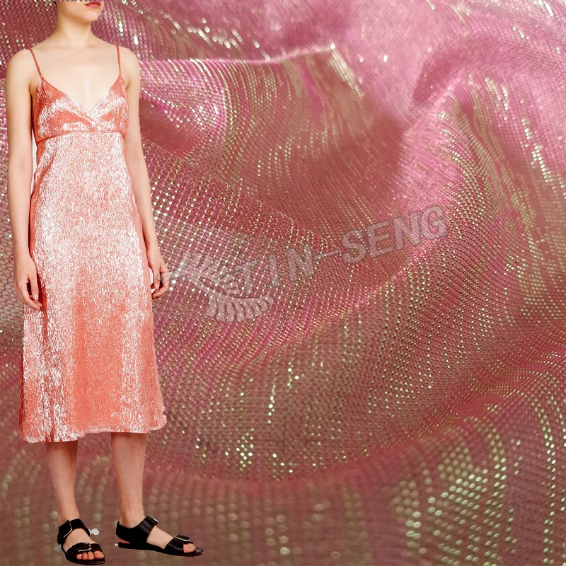 Coral Poly Knit Mesh Fabric with Silver lurex