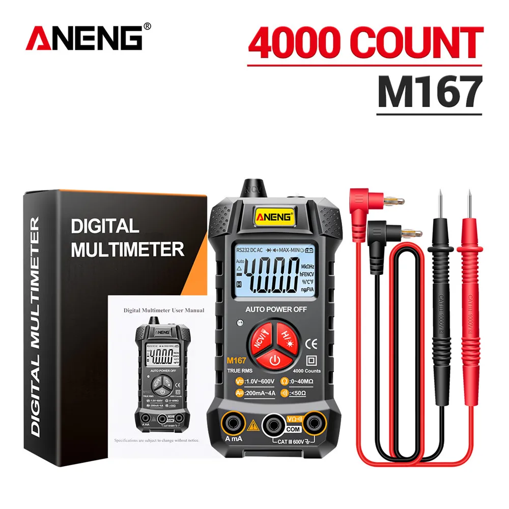 ANENG M167 Digital Mini Multimeter Tester Auto Multimetro True Rms Tranistor Meter with NCV Data Hold 4000counts Flashlight