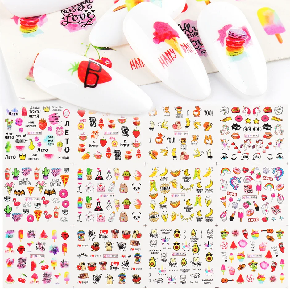 3D Nail Art Cartoon Stickers Cute Animals Juicy Fruits Donuts Design Adhesive Water Sliders Spring Nails Decorations Accessories