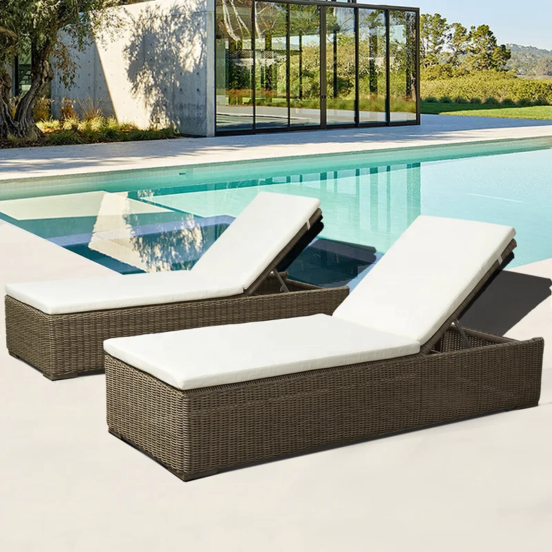 Brown Modern Exterior Pool Furniture Wicker Lounge Sunbed Outdoor Garden Patio Rattan Sun Chaise Loungers Chairs