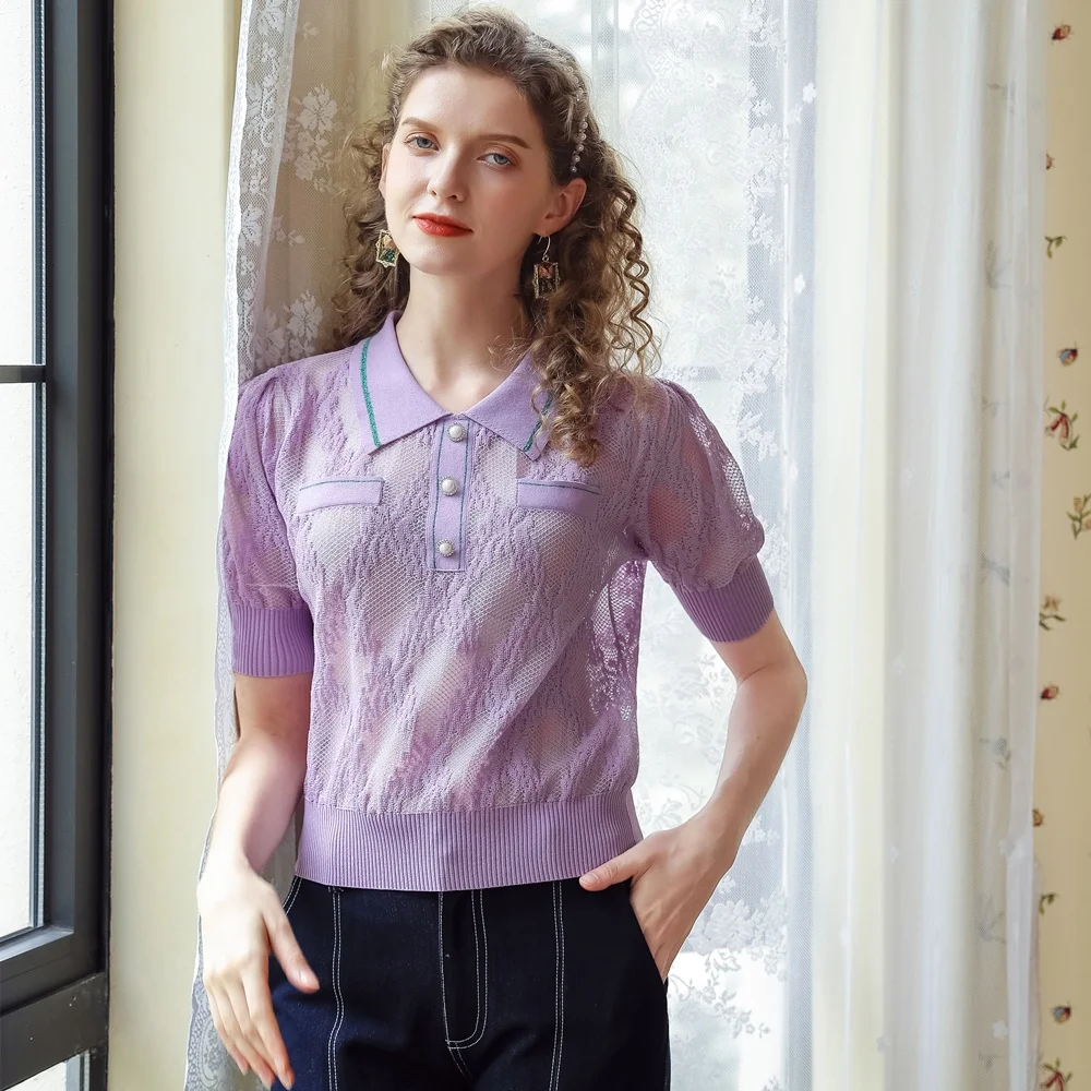 Womens Short Sleeve Knitted Blouse Mesh Baggy Casual Purple Contrast Turndown Colla Pullover Tops