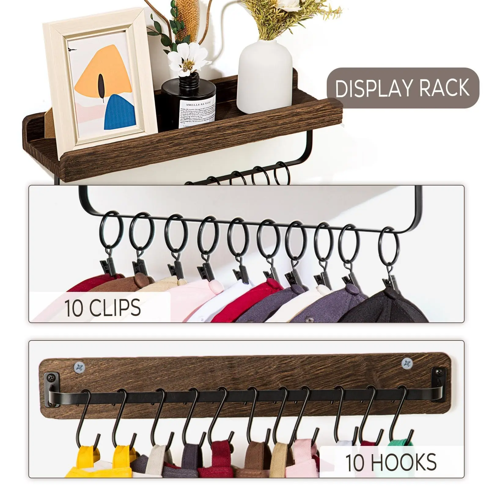 Ikass Floating Wood display storage shelves Wood Wall Mounted Shelves with Hanging Hooks for Bathroom Bedroom Living Room