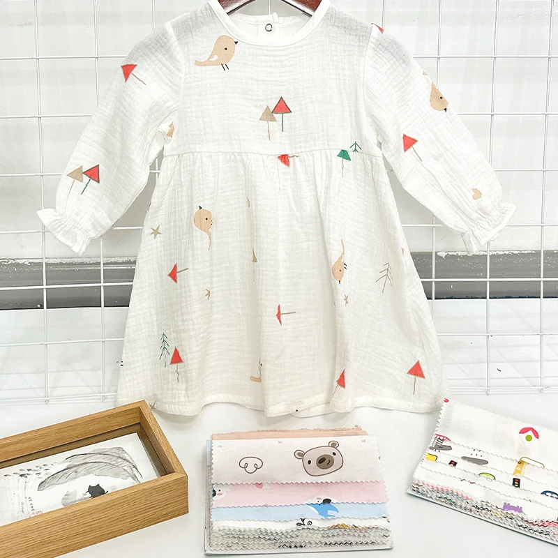 100%Cotton Double Layers Crinkle Crepe Printed Long Sleeve Children Girl Baby Dress