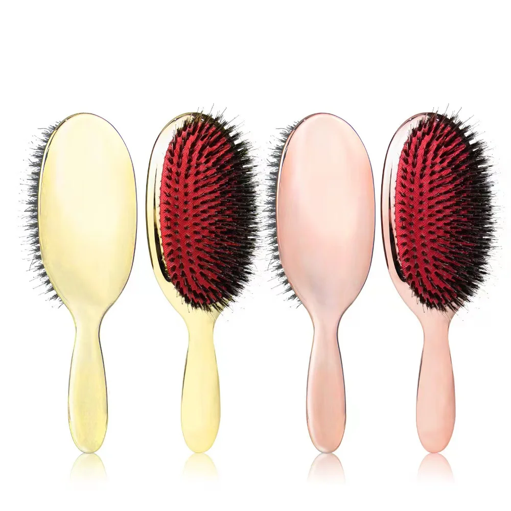 Luxury Gold And Silver Color Boar Bristle Paddle Oval Hair Brush Anti Static Hair Massage Hair Extension Brush And Comb
