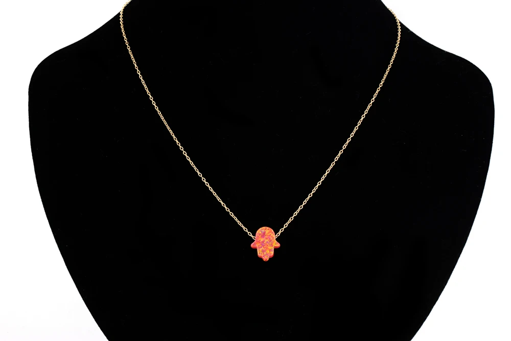 Colorful Hand Hamsa Pendant Necklace Synthetic Fire Opal Stone 11x13mm Jewelry 925 Silver Link Chain 16 Inches