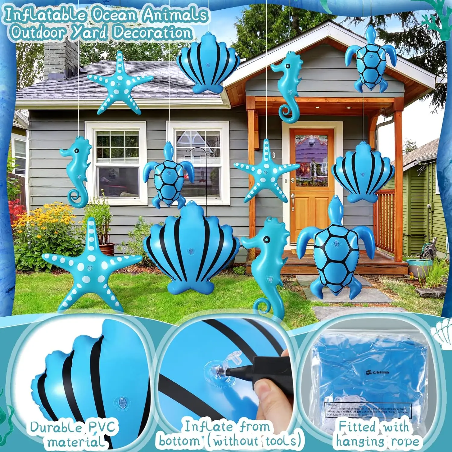 New Customizable PVC 12pcs Inflatable Marine Animal Seahorse Shell Turtle Large Hanging Ornament for Patio Pool Party Decoration
