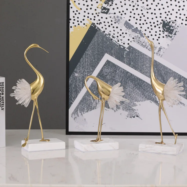 New Chinese Crystal Crane Copper Ornaments Light Luxury European Modern Living Room Home Metal Decoration Ornament