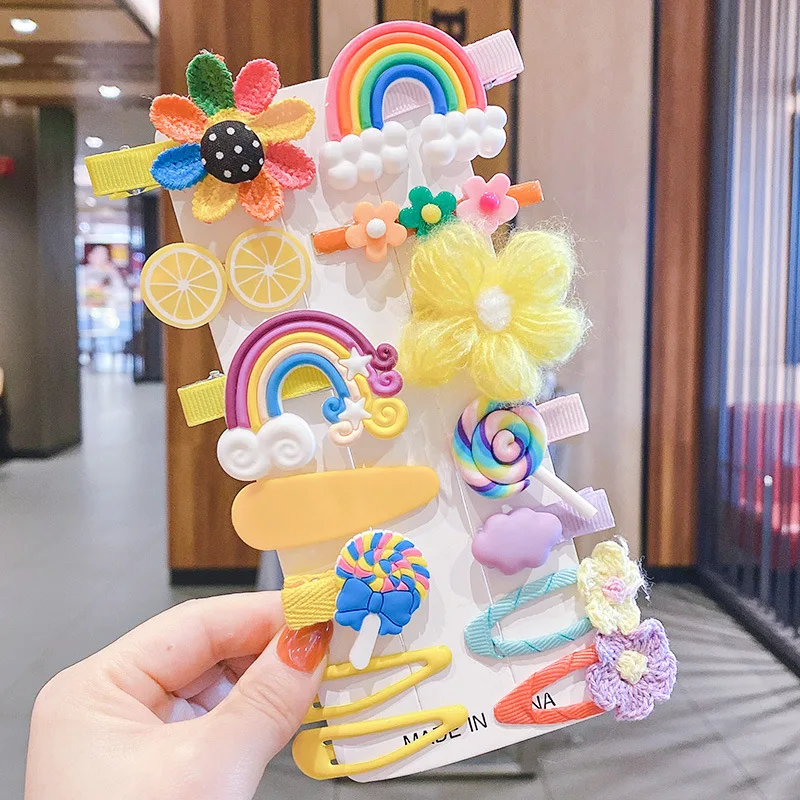 14pcs/set Factory Sale Cartoon Rainbow Hair Pin Handmade for Girls Kids Hair Accessories Fancy Cute Hair Clips