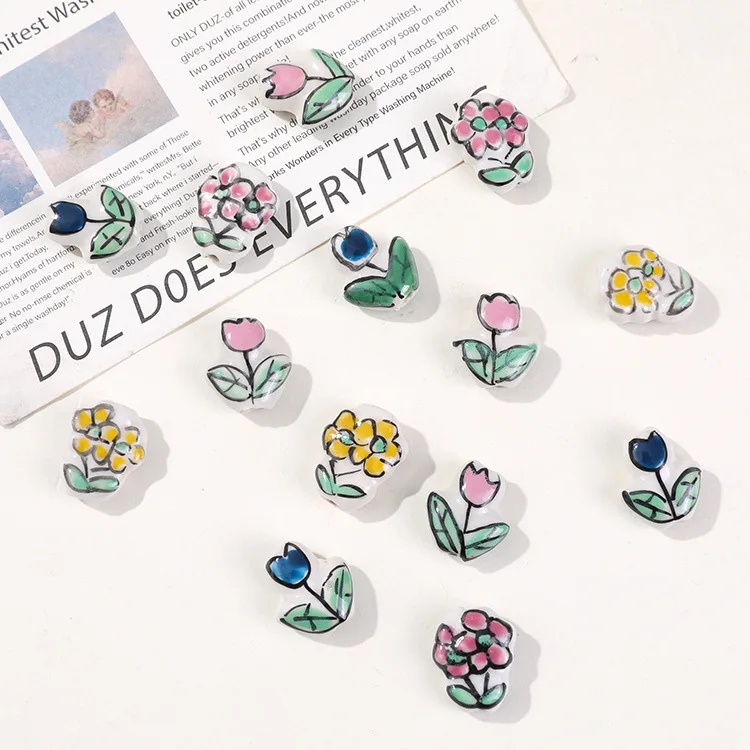 DIY hand painted tulip rose flower ceramic bead china Porcelain loose beads for jewelry making accessories wholesale