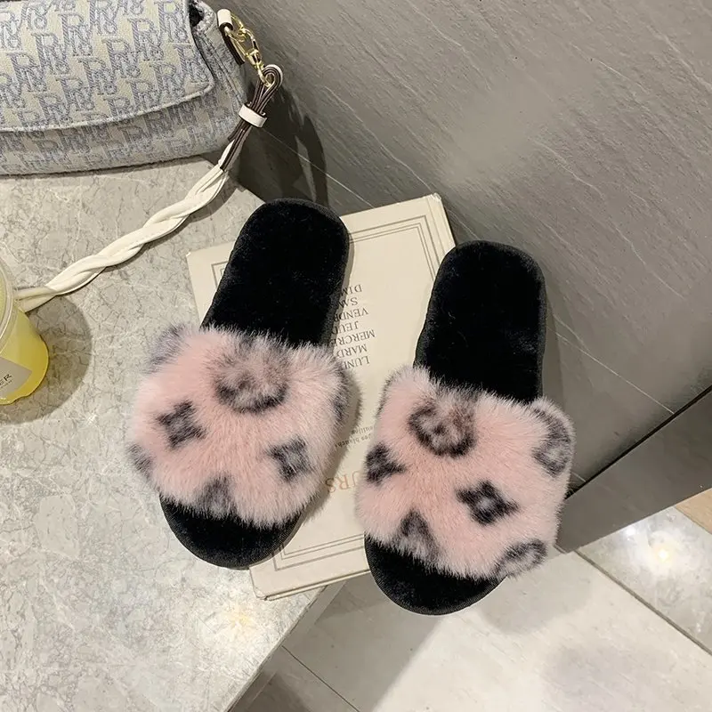 Hot Sale Slippers Winter Slide Slippers Fashion Warm Leopard Print Indoor Home Autumn/winter Fur Women Ladies Girl Female TPR