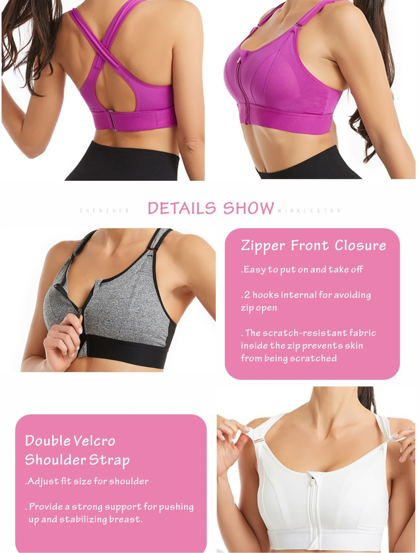 Women High Impact Sports Bra Plus Size Zip Front Fastening Bras Padded Adjustable Strap Workout Fitness Push Up Sports Bra