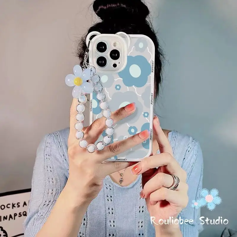 Blue Flower Bear lens Bracelet  Tpu Phone Case for iPhone 14 13  Anti-drop Phone Case For 12 13Pro