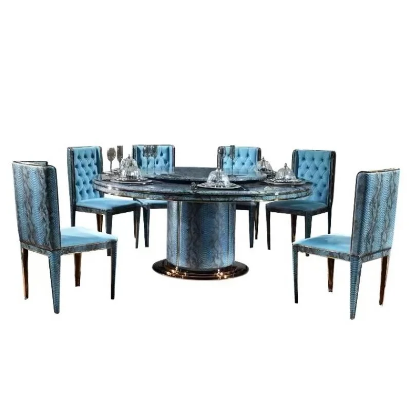 Modern Design Natural Marble & Stainless Steel Crocodile Pattern Leather Round Dining Table