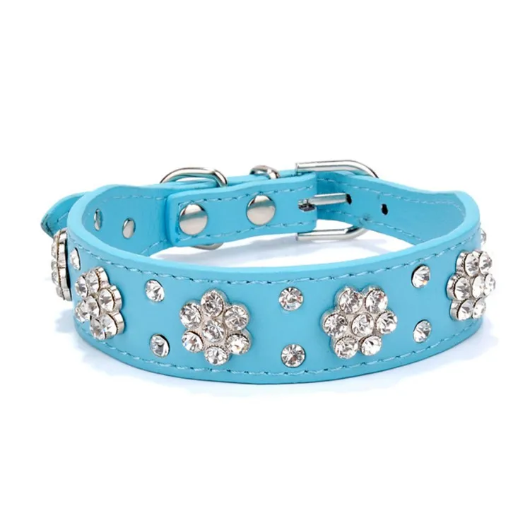 Rhinestone Flower Pattern Studded Cute PU Leather Dog Collar for Small and Medium Dogs