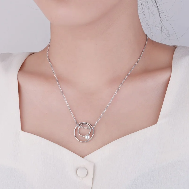 Dainty Geometry 925 Sterling Silver Fresh Water Pearl Jewelry  Double Circle Pendant Minimalist Jewelry Necklaces For Sale