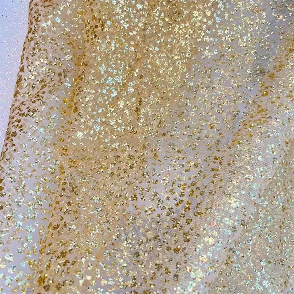 Glitter Bronzing Fabric. Gold Shiny Bridal Dress Lace Fabric. Wedding Arrangement DIY Sewing Fabric