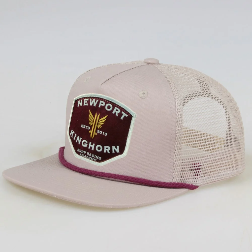 Men Adjustable Vintage Cap Snapback 5 Panel Rope Structured Flat Brim Trucker Hat With Patch