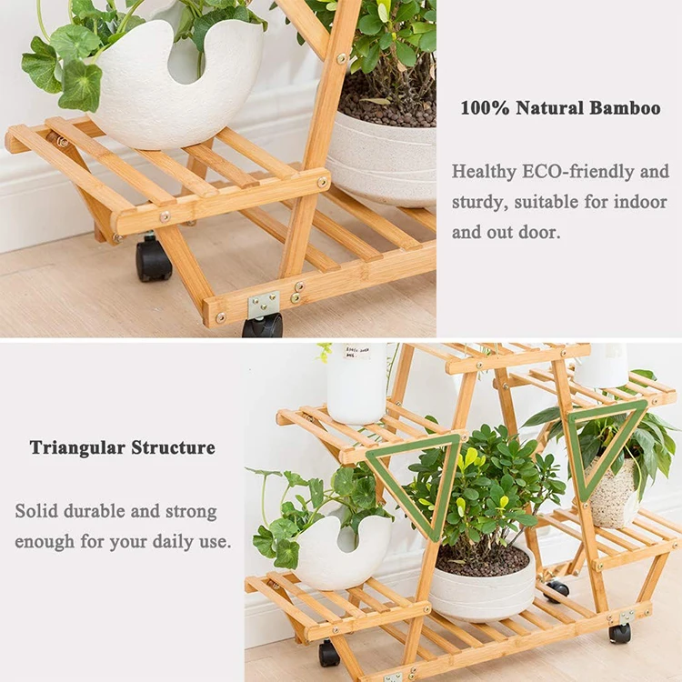 Movable 4 tier sturdy outdoor garden decor natural bamboo flower plant pot stand with wheels, flower pot shelf rack