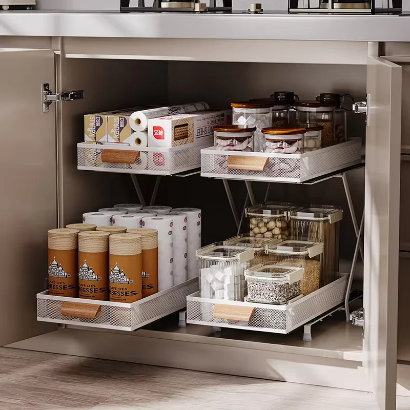 Tiktok Best Selling Black Metal New Sliding Storage Shelves Storage Rack Clear Organizer Under Sink Organizers For Kitchen