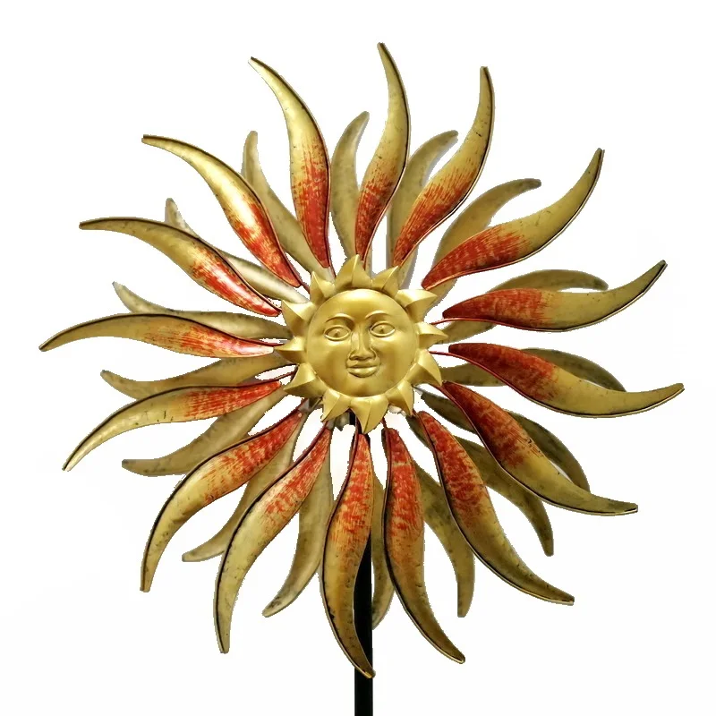 yard art metal sun face colour changing solar wind spinner spiral light