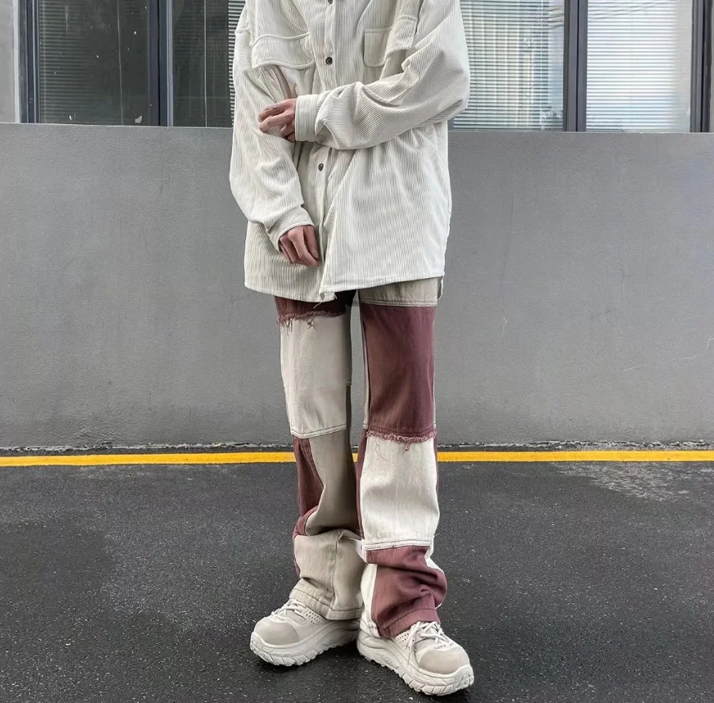 New trendy high street men patchwork spliced washed jeans straight retro loose casual wide leg denim mens
