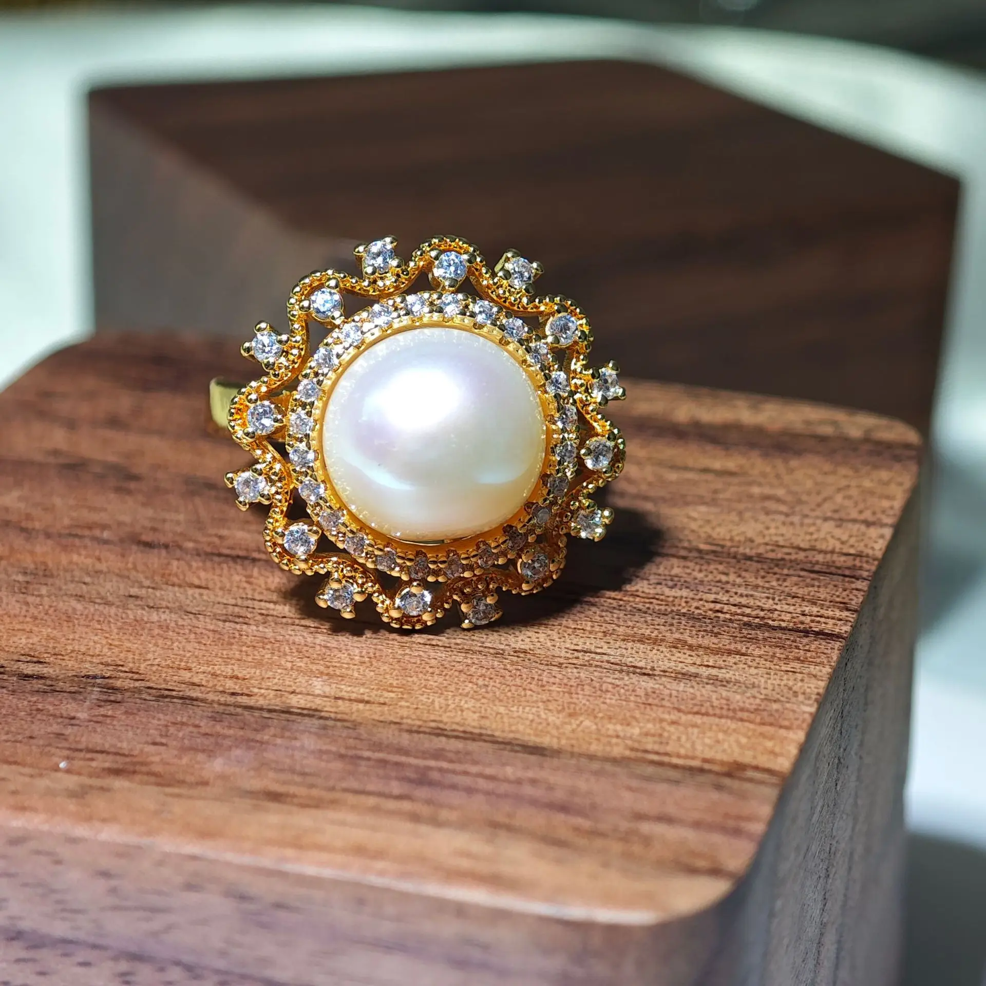 Elegant Design Crystal Star Freshwater Pearl Rings Hollow Lace Flower Real Pearl Ring For Women