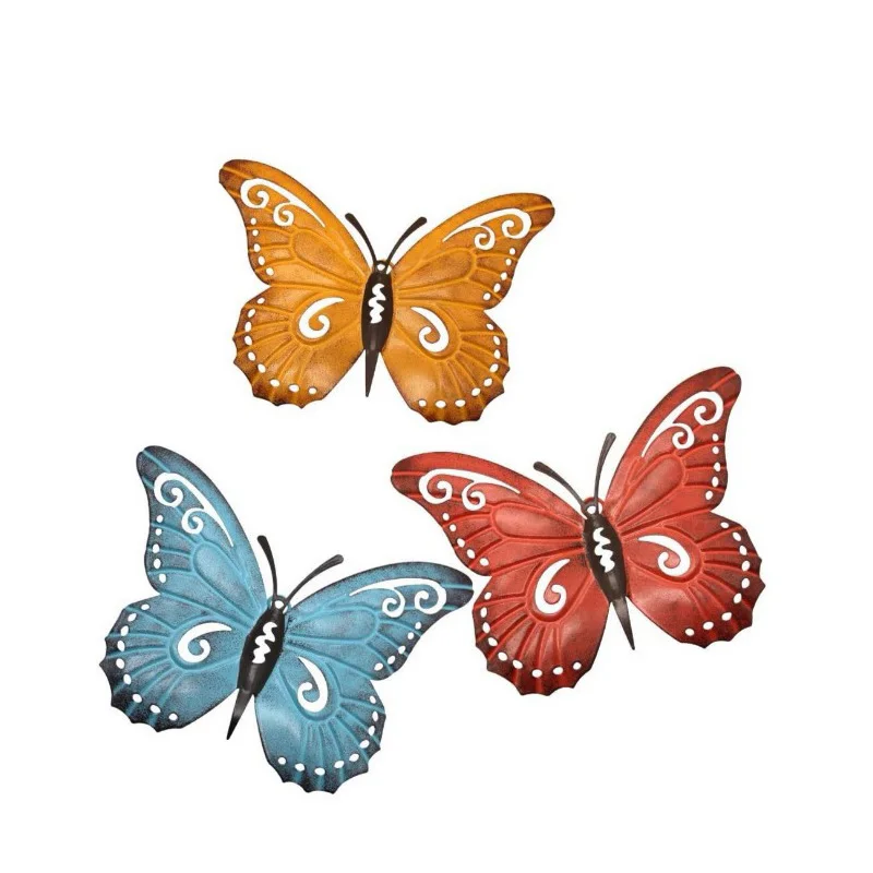 Набор из 3 металлических настенных украшений Lndoor или для улицы, фабричное настенное искусство с бабочками, украшение для дома, античная статуэтка, железные животные