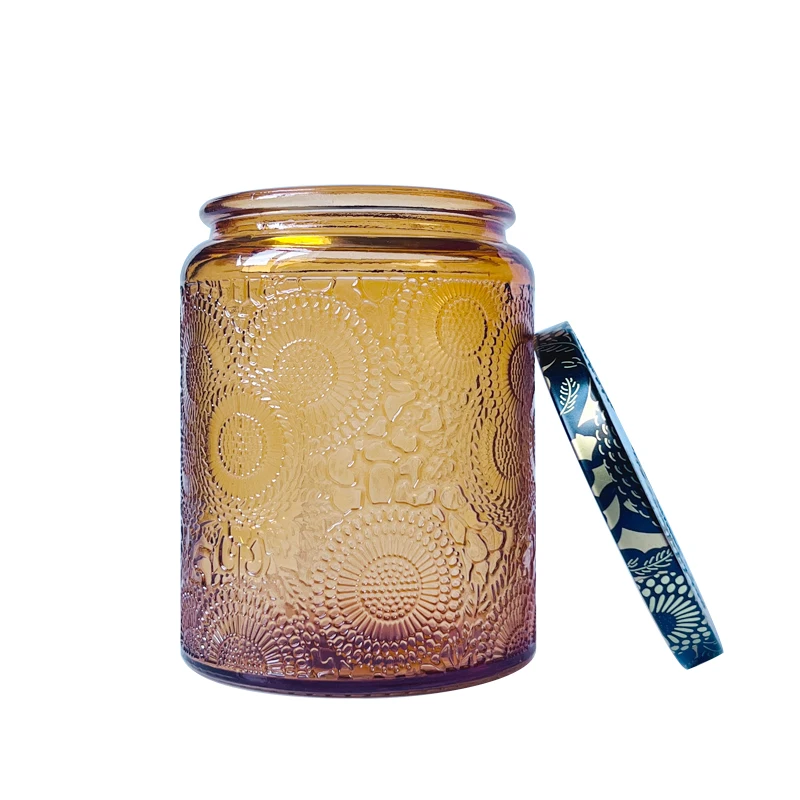 Empty custom luxury decorative colorful embossed candle glass jars with lids in bulk