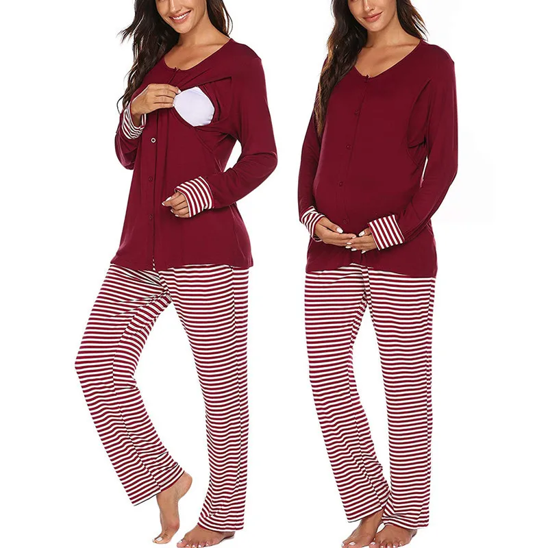 
Pregnant mother long-sleeved breastfeeding tshirt top Adjustable striped trousers pajama set 